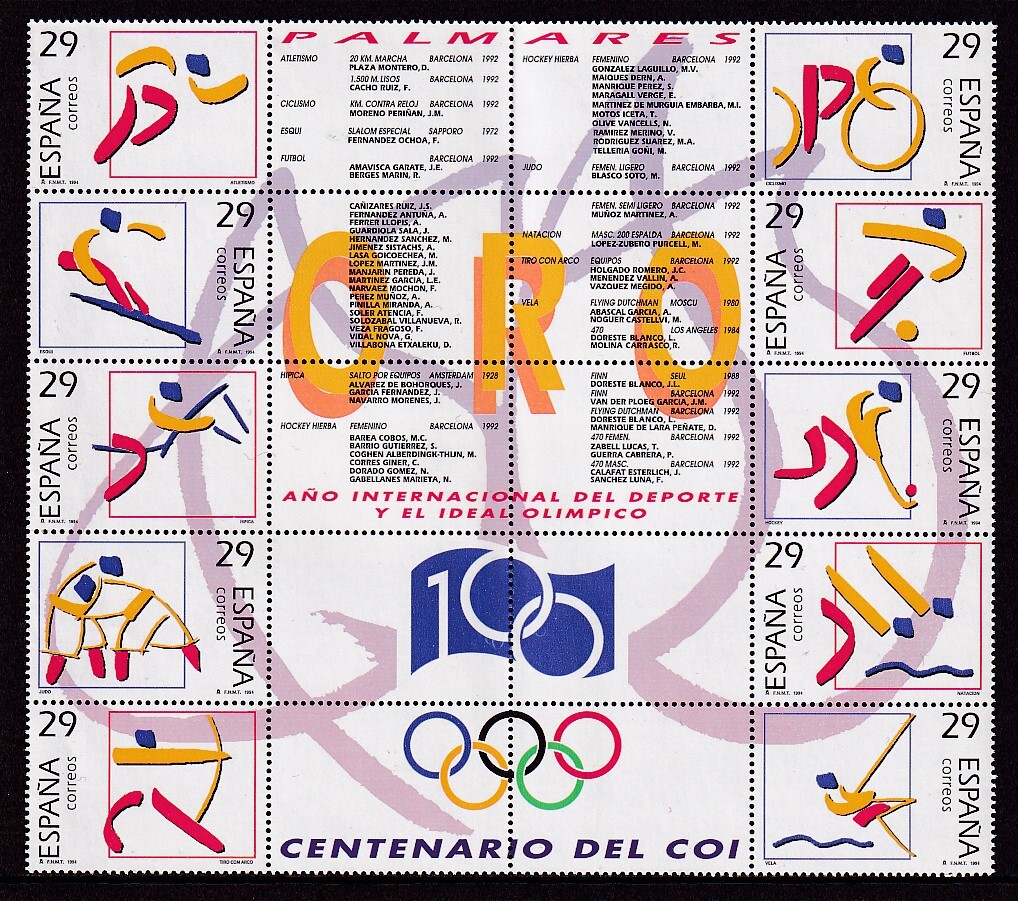58 スペイン【未使用】＜「1994 SC#2797 スペイン・オリンピック金メダル」 10種+ラベル10枚・ブロック ＞_画像1