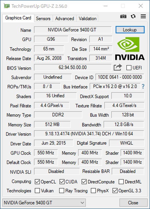 中古グラフィックカード 動作確認済 WinXP～Win10 LINUX ★ NVIDIA GeForce 9400 GT DDR2 512MB 128bit VGA/DVI/VIDEO #2311-Kの画像4