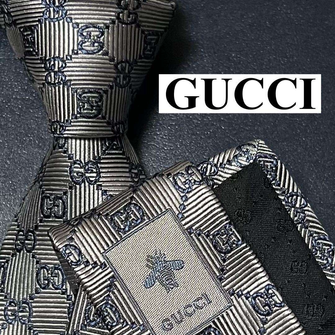 未使用級 GUCCI ネクタイ 現行 グッチ シルク100% GG GGライン シェリーライン 蜂 bee 刺繍 ジャガード シマ メンズ ツヤ  ホワイト 白