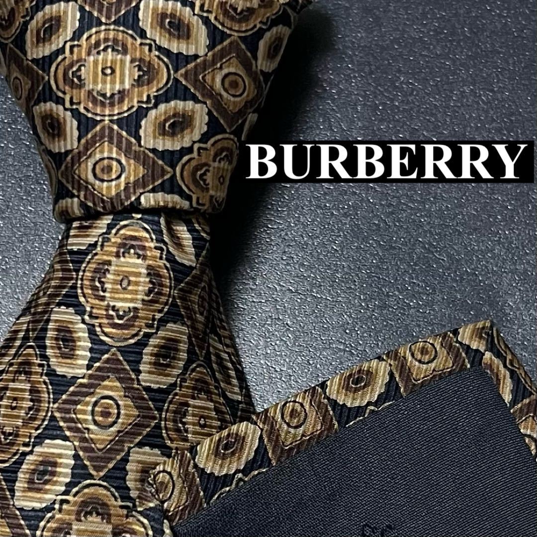 完売品 BURBERRY バーバリー 極美品 メンズ ネクタイ シルク スクエア 四角 刺繍 ジャガード ネイビー ゴールド スーツ 紳士服_画像1