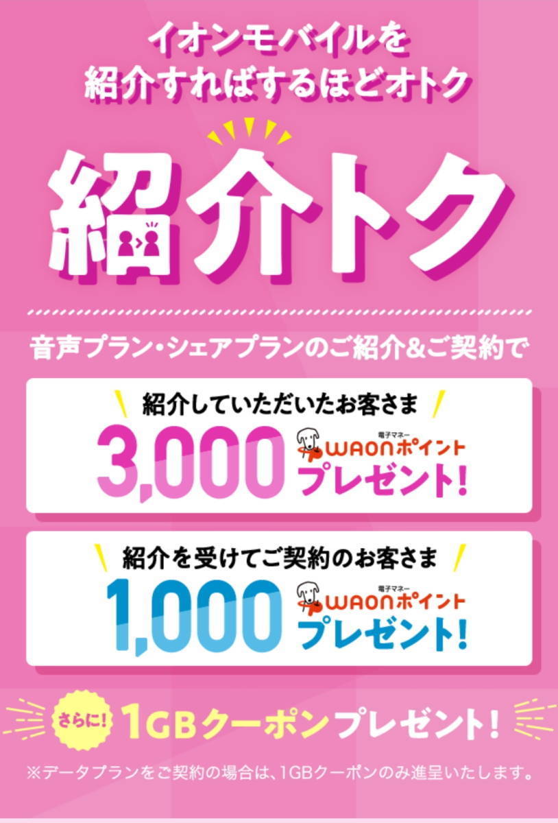 【クーポンコード】イオンモバイル紹介キャンペーン 紹介トク クーポンコード 1000WAONポイント＋1GBクーポン 落札不要_画像1