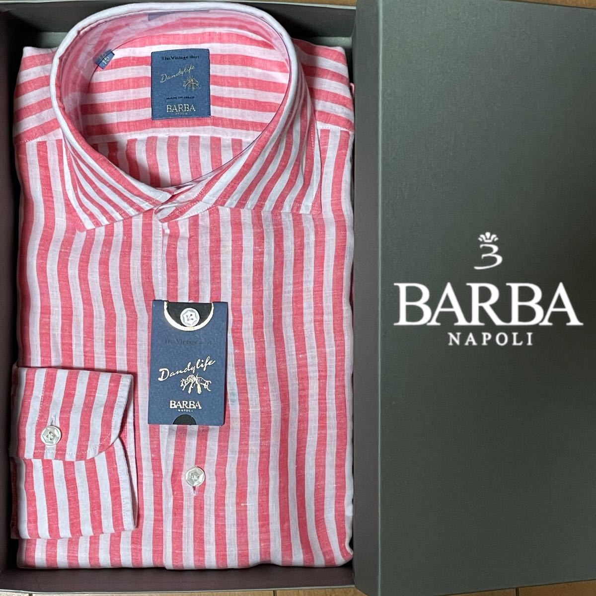 春夏新品 BARBA / バルバ DANDY LIFE / ダンディライフ リネンストライプシャツ ホワイト × ピンク size38 イタリア製