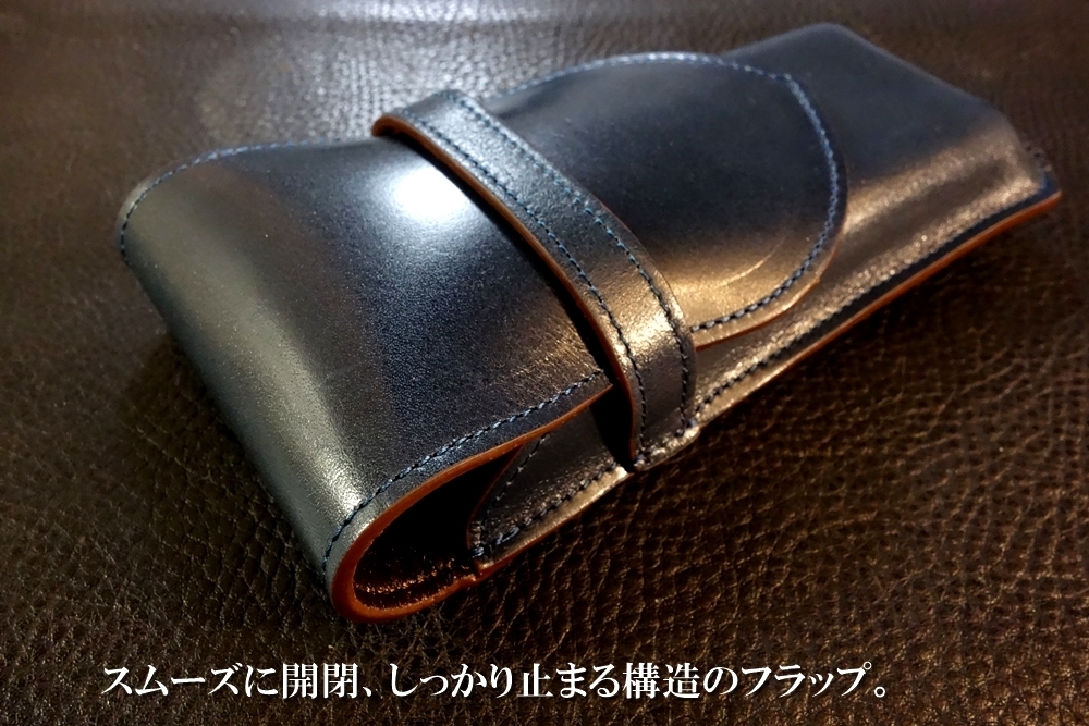 ◆フルレザーフラップド万年筆ケース◆高品質国産本牛革アニリンキップレザー 立体成型 ANTIQUE NAVY 3本挿し 太軸対応 ペンケース ブルー_画像8