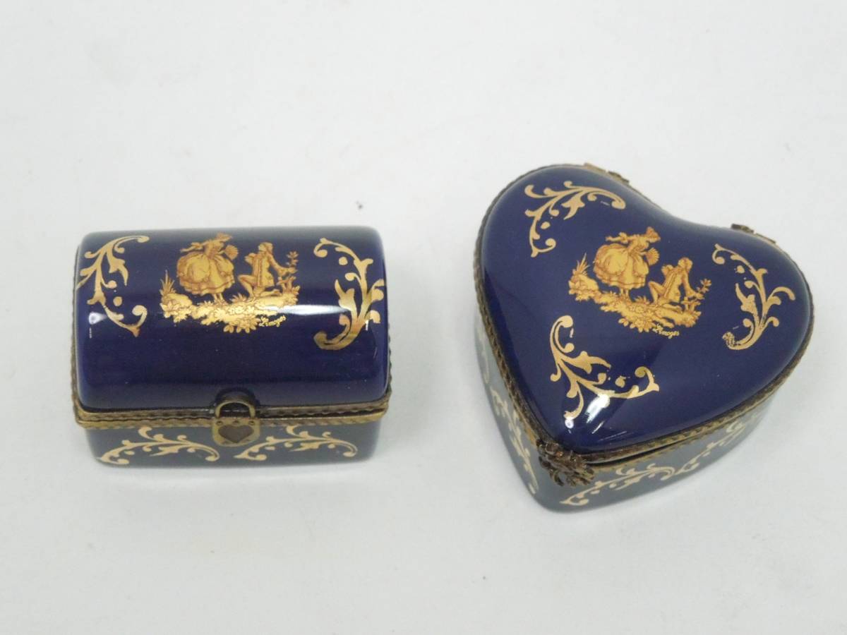 ‡0039 ARTISANAL LIMOGES リモージュ 陶器製 蓋付 小物入れ 2点 まとめ 22K ゴールド 金彩 ブルー アクサリー入れ 中古品_画像2