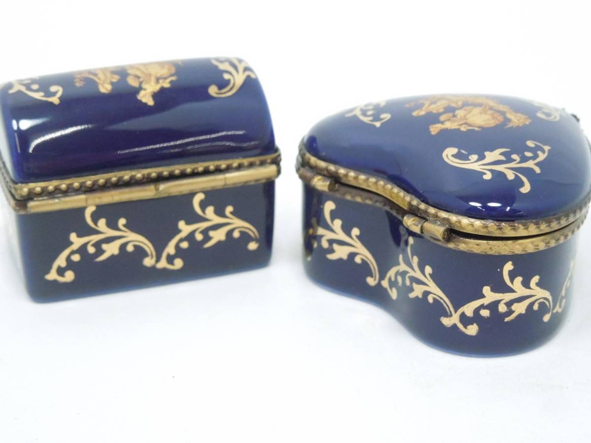 ‡0039 ARTISANAL LIMOGES リモージュ 陶器製 蓋付 小物入れ 2点 まとめ 22K ゴールド 金彩 ブルー アクサリー入れ 中古品_画像6