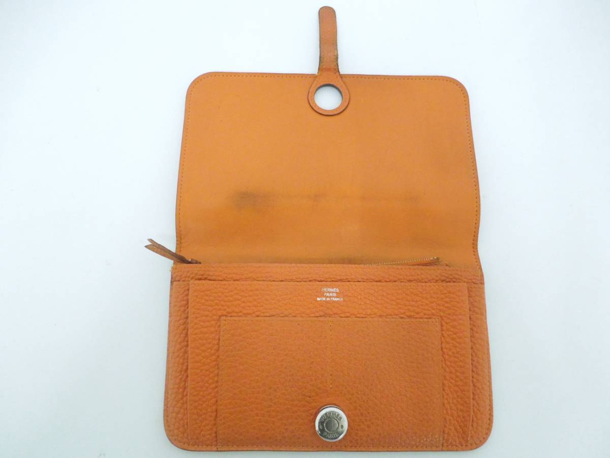 ‡0718 HERMES エルメス ドゴンGM トゴ 長財布 コインケース付き オレンジ系 シルバー金具 □K刻印_画像3