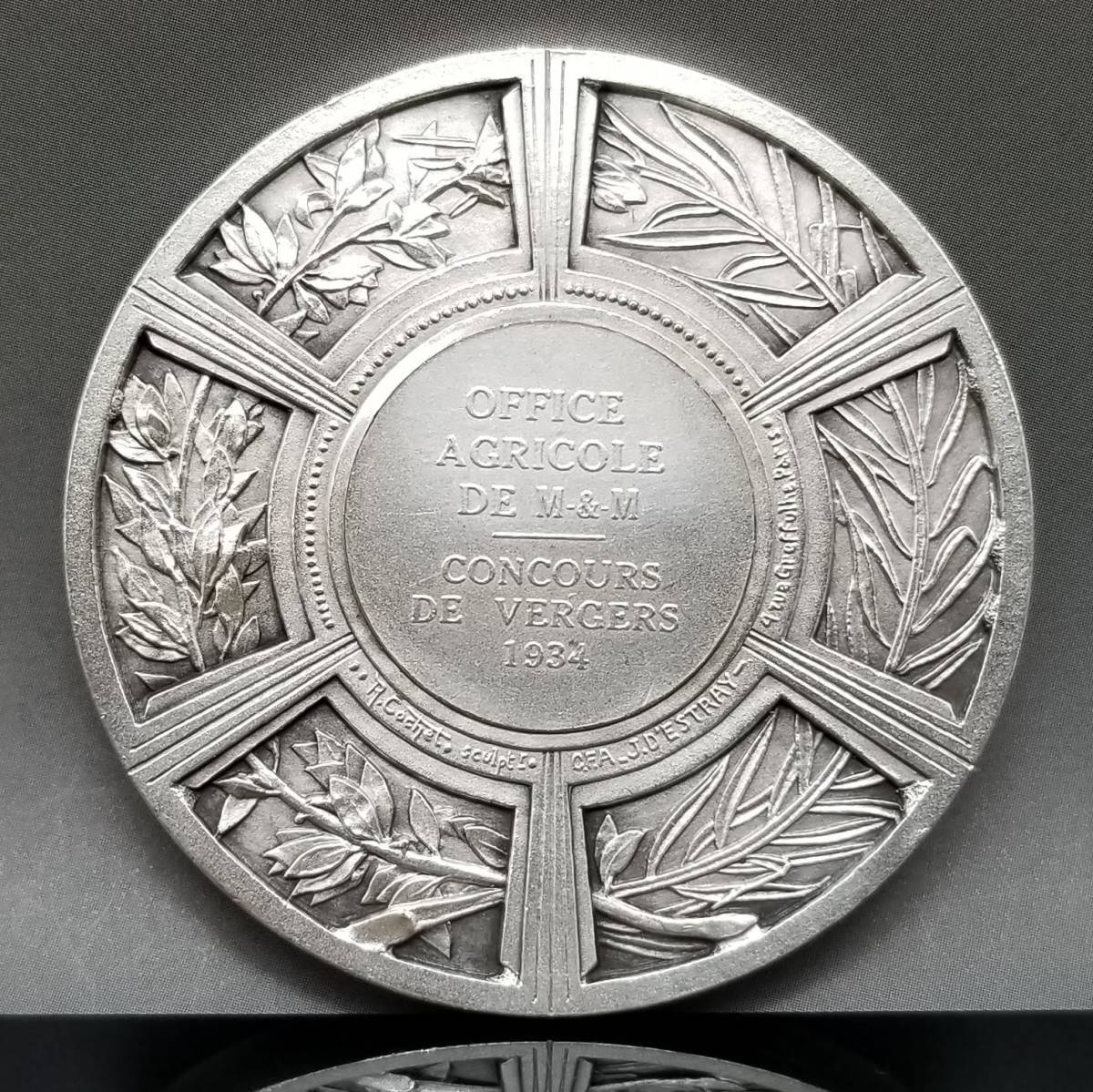 【超大型！】1934年 フランス ブロンズ メダル コイン アールヌーボー アールデコ 銀メッキ 古銭 貨幣 61g 5cm_画像2