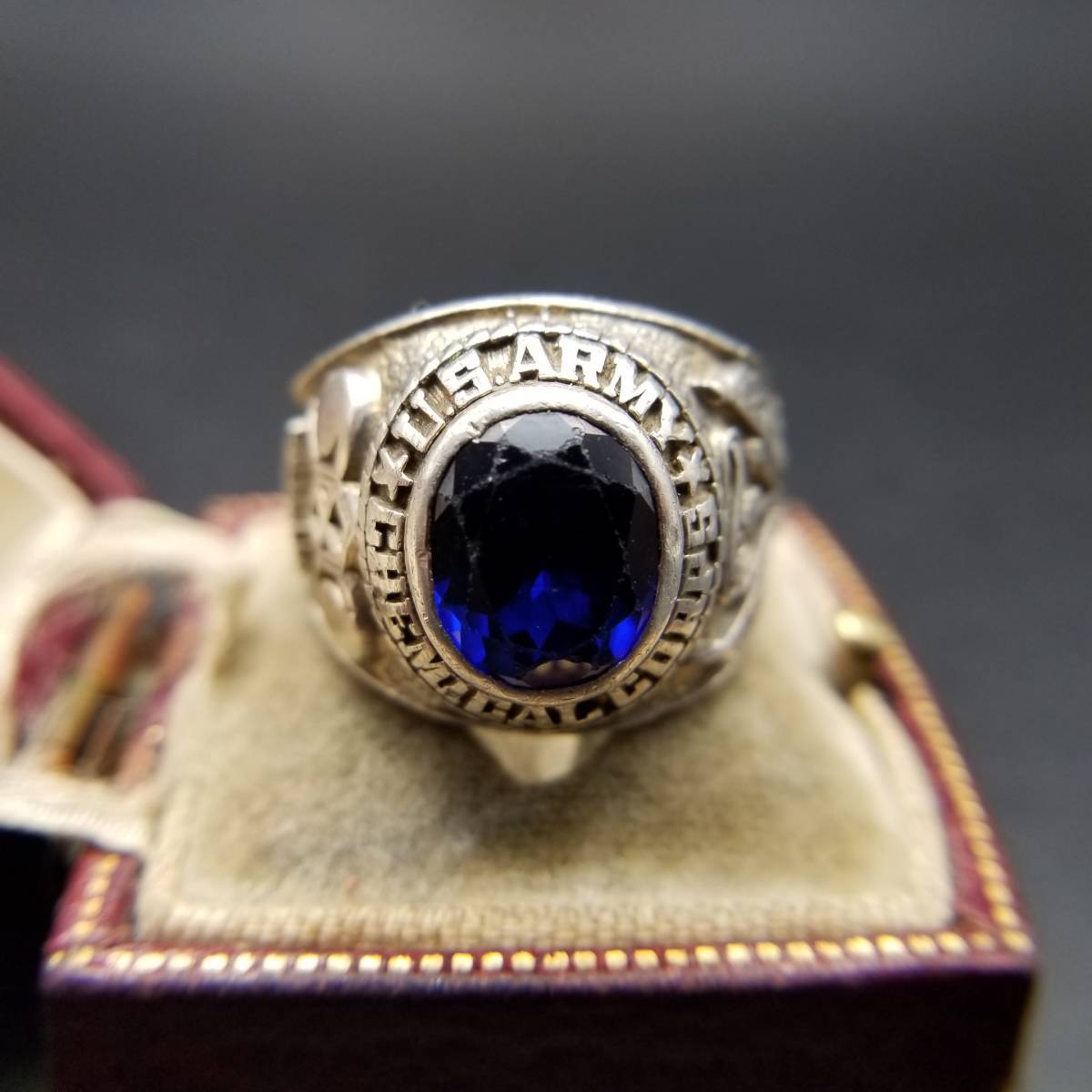 US Army Chemical Corpssig net Vintage 925 silver ring ring blue stone military men's jewelry -ply thickness feeling volume Y13-C
