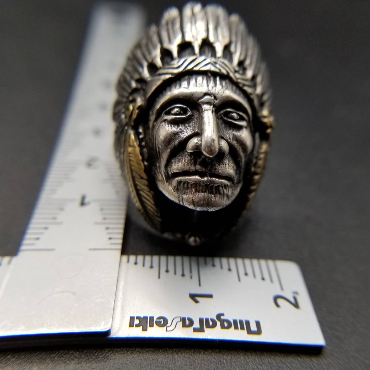  Indian head chief ... solid sculpture 925 silver Vintage ring silver skill -ply thickness feeling War bonnet Native American Y13-V