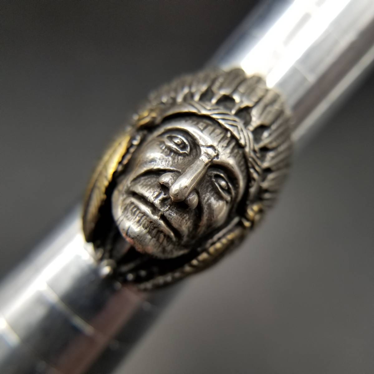  Indian head chief ... solid sculpture 925 silver Vintage ring silver skill -ply thickness feeling War bonnet Native American Y13-V