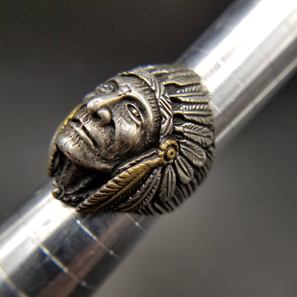  Indian head chief ... solid sculpture 925 silver Vintage ring silver skill -ply thickness feeling War bonnet Native American Y13-V