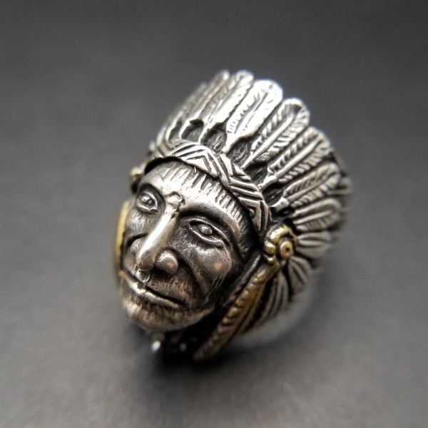  Indian head chief ... solid sculpture 925 silver Vintage ring silver skill -ply thickness feeling War bonnet Native American Y13-V