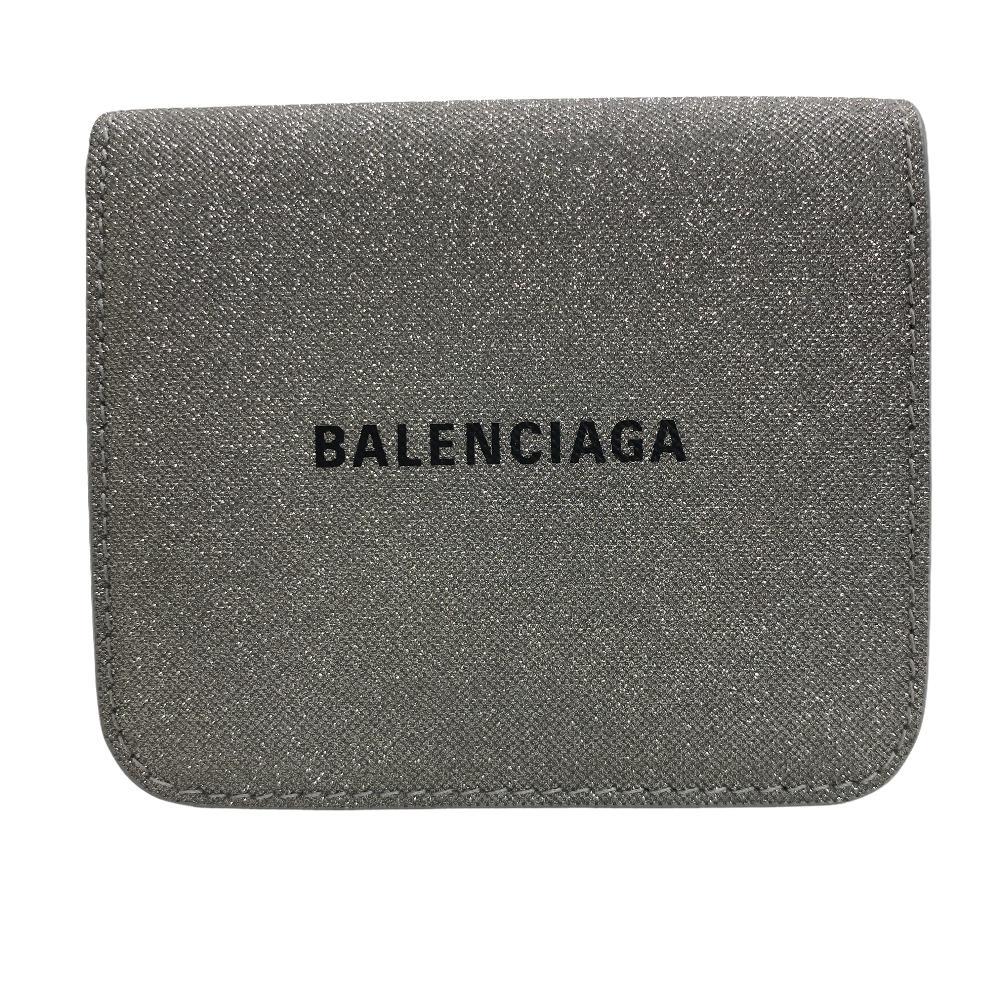 BALENCIAGA/バレンシアガ 594216 エブリデイ ラメ ロゴ レザー 二つ折り財布 シルバー レディース ブランド