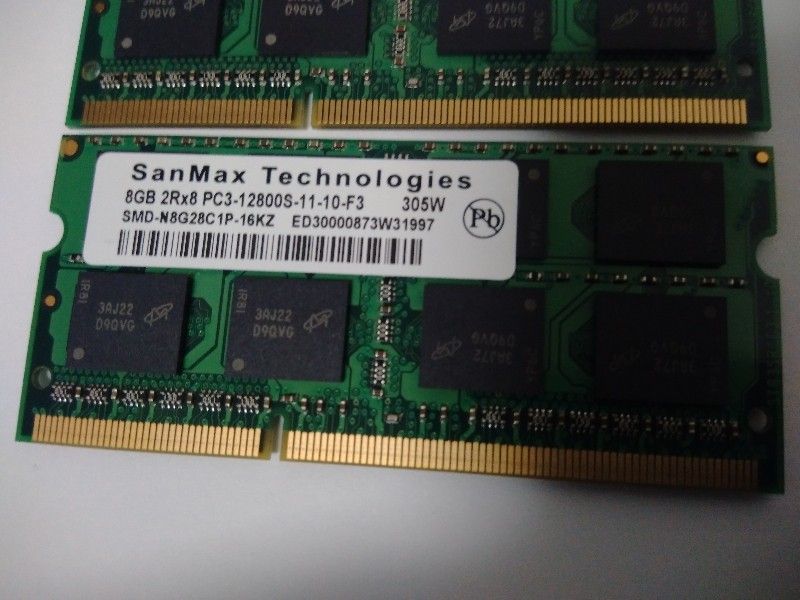 1.5／合計16GB（8GB×2枚) PC3-12800S　SanMax販売 Micron chip 揃い ≪管1.5v-09b≫
