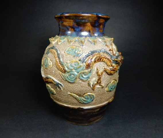 壺屋焼　琉球　盛上双龍文壺　高さ約27cm　雲竜　花瓶　花器　飾壺　コレクション　S-280_画像4