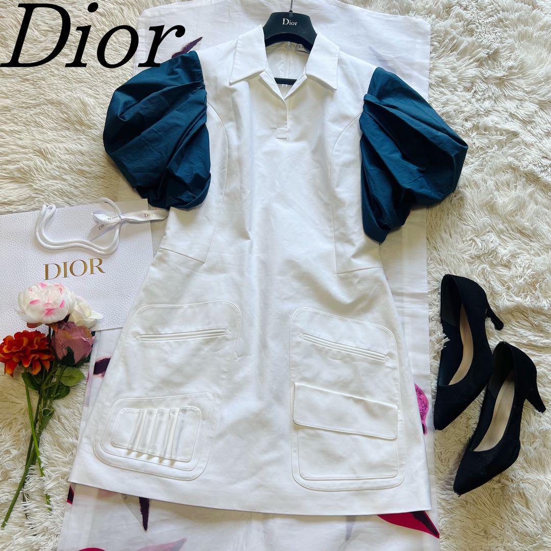 【良品】Christian Dior パフスリーブワンピース フレア ホワイト クリスチャンディオール 白 青 ブルー 襟_画像1