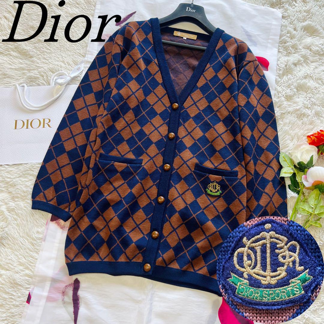 【良品】Christian Dior 総柄ニットカーディガン ブルー ブラウン　M　クリスチャンディオール　茶色　青　ボタン_画像1
