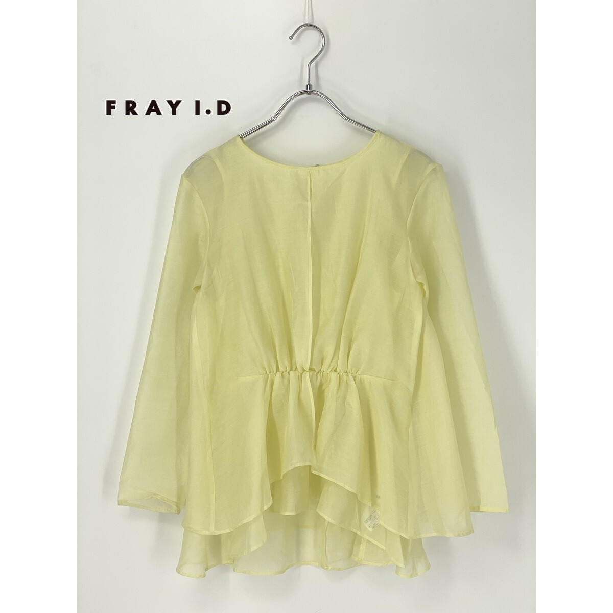 A8325/極美品 春夏 FRAY I.D フレイ・アイディー ギャザー プリーツ シースルー シフォン 長袖 Tシャツ カットソー M程 黄色/レディース