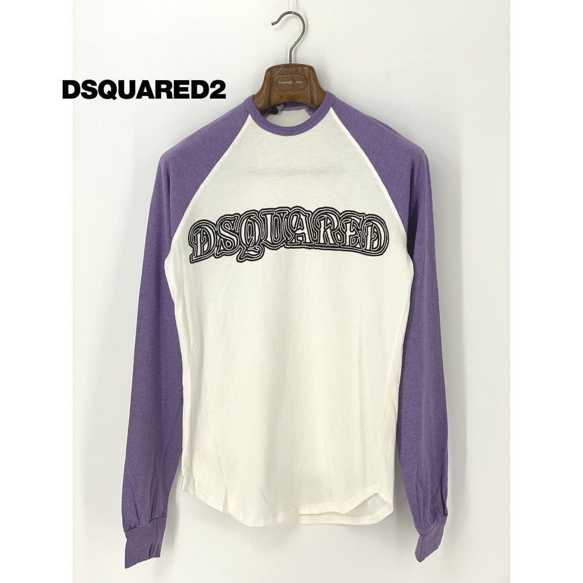 A8216/美品 春夏 DSQUARED2 ディースクエアード コットン デカロゴ プリント 丸首 長袖 Tシャツ カットソー XS 白 紫/イタリア製 メンズ