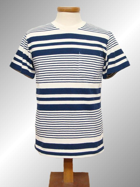 【送料185円】 Pherrow's フェローズ マルチボーダー 半袖 ポケット Tシャツ (L) ネイビー x ナチュラルの画像1