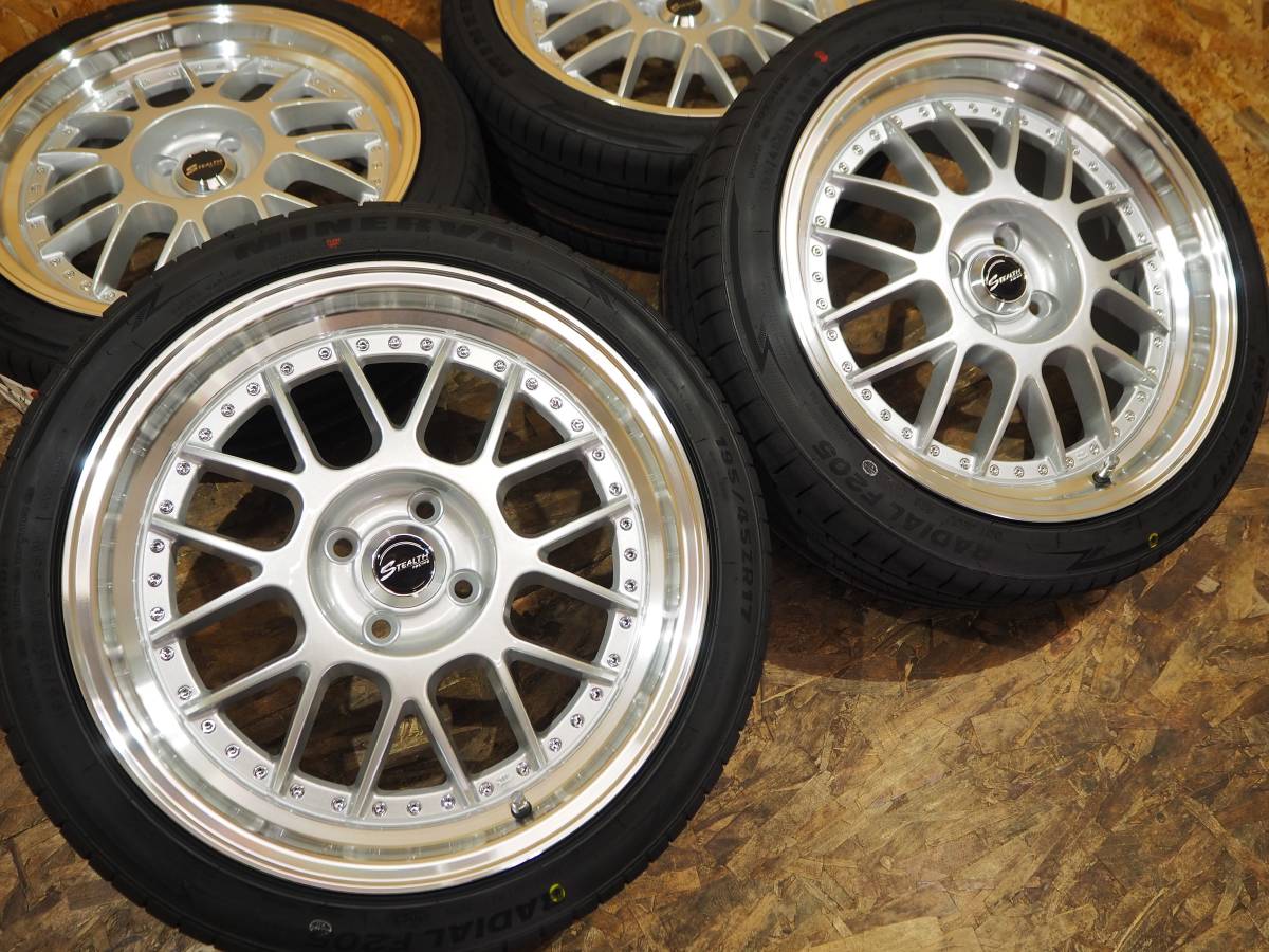 ★メッシュ深リム★195/45R17 7J+38 4H100 新品 人気 1台分 ヤリス アクア ヴィッツ カローラ フィット スイフト キューブ ノート シルバー