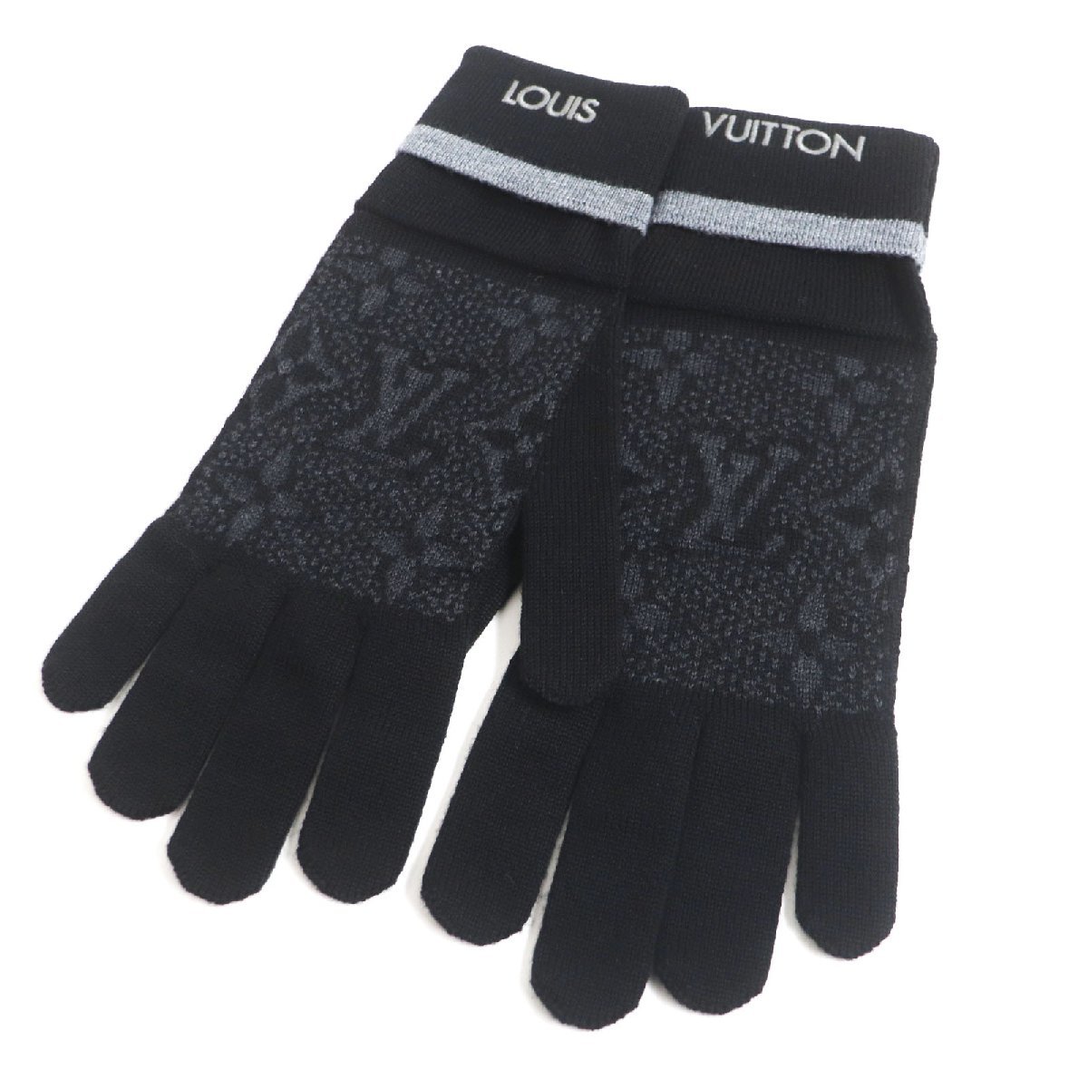 未使用品 LOUIS VUITTON ルイヴィトン 2020年製 M73470 ゴン・マイ・モノグラム・エクリプス ウール ロゴ刺繍 手袋 黒 イタリア製 正規品