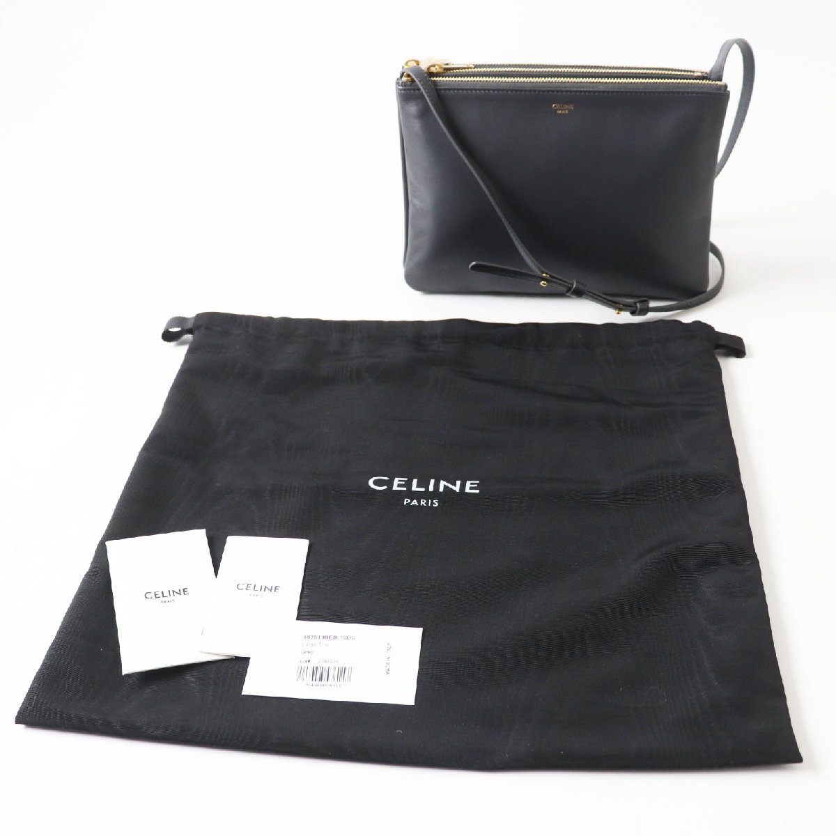 極美品 CELINE セリーヌ 187613 Large Trio ラージ トリオ レザー ショルダーバッグ グレー 保存袋付き イタリア製 レディース_画像2