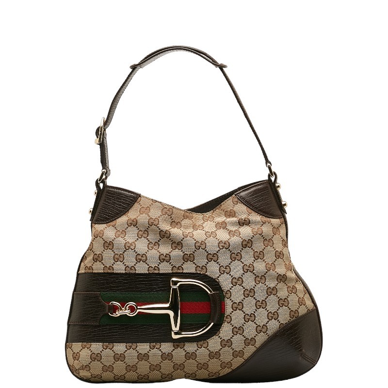 グッチ GGキャンバス ホースビット シェリー ショルダーバッグ 137388 ベージュ ブラウン キャンバス レザー レディース GUCCI 【中古】_画像1