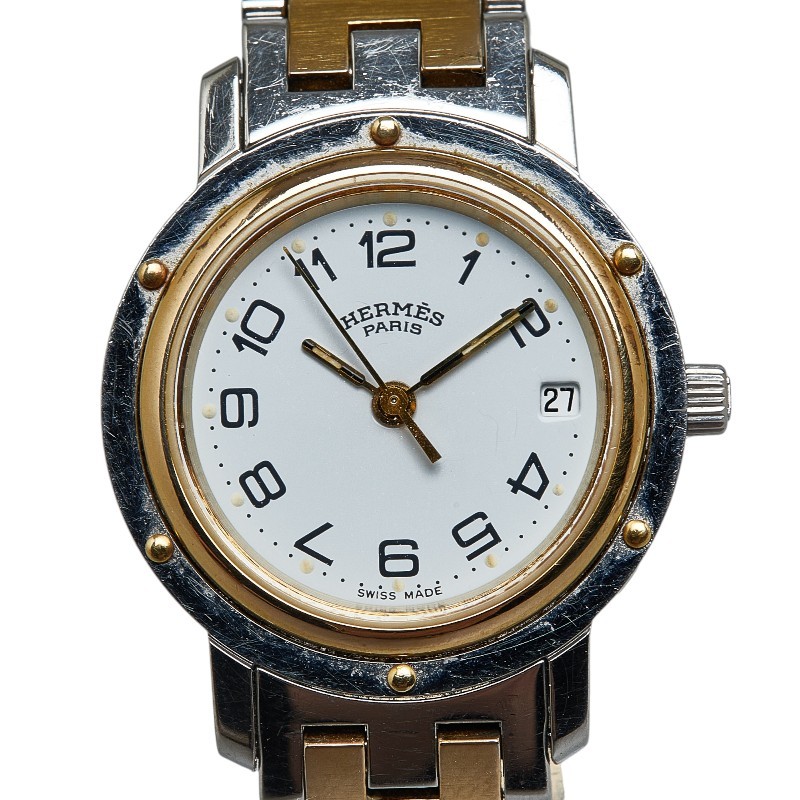 エルメス クリッパー 腕時計 CL3.240 クオーツ ホワイト文字盤 ステンレススチール メッキ レディース HERMES 【中古】