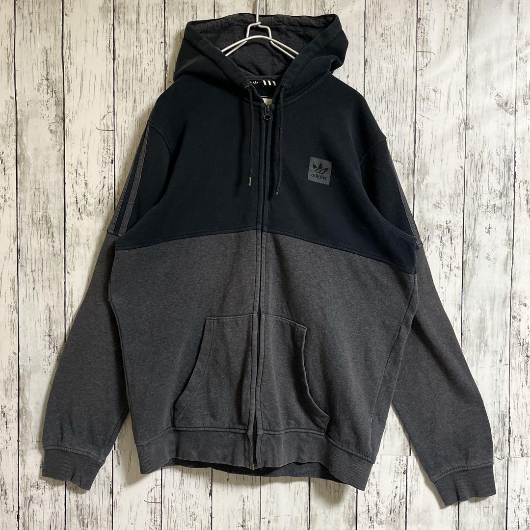adidas アディダス ジップアップパーカー フーディ L 黒 グレー adidas アディダス ジップアップパーカー フーディ L 黒 グレー
