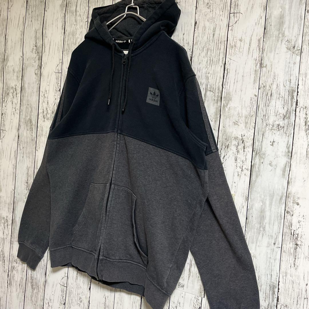 adidas アディダス ジップアップパーカー フーディ L 黒 グレー adidas アディダス ジップアップパーカー フーディ L 黒 グレー