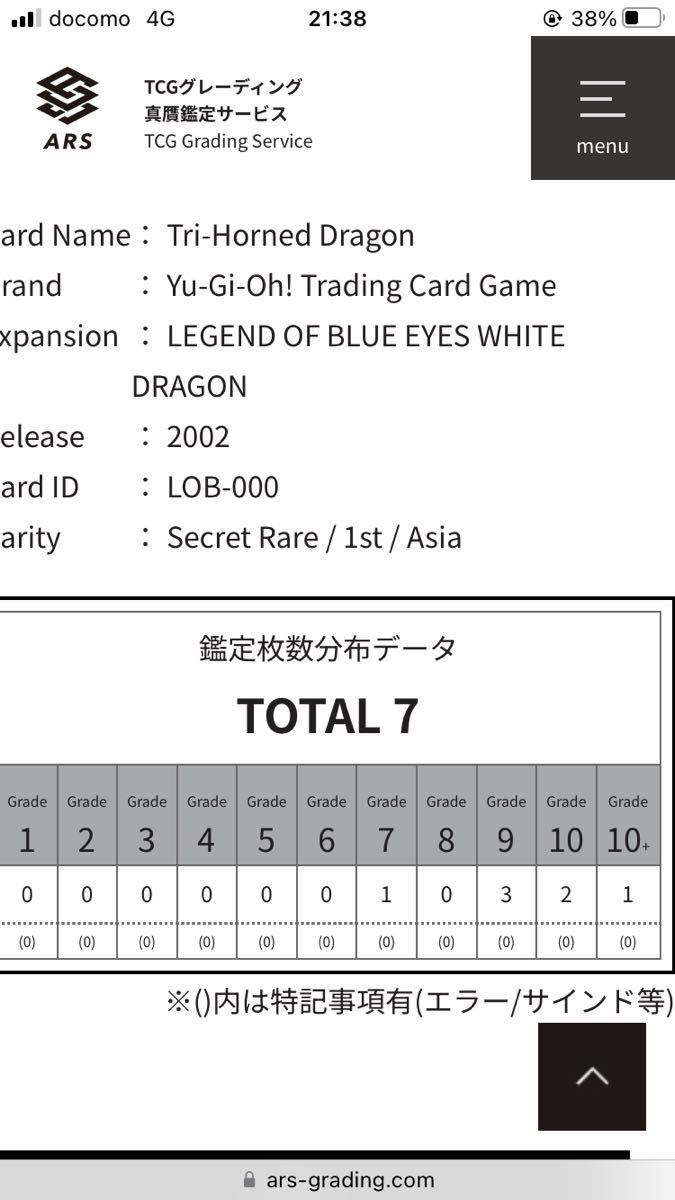 [ARS10+ highest appraisal ] Yugioh old Asia version LOB Try horn Dragon (si Crea ) ARS10+ judgment document *PSA10 super world .1 sheets (4/13 hour point )
