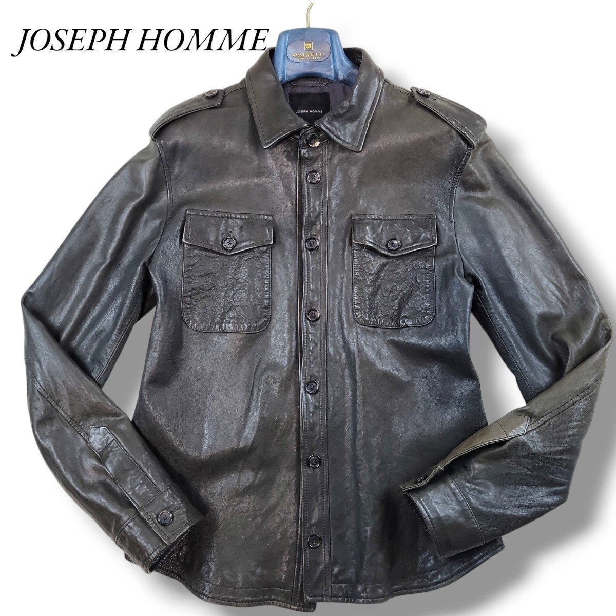 JOSEPH HOMME レザーシャツ/ジャケット/ 羊革 ブルゾン シープレザー/サイズ48L/MADE IN ITALY/ カーキブラック/ヴィンテージ加工_画像3