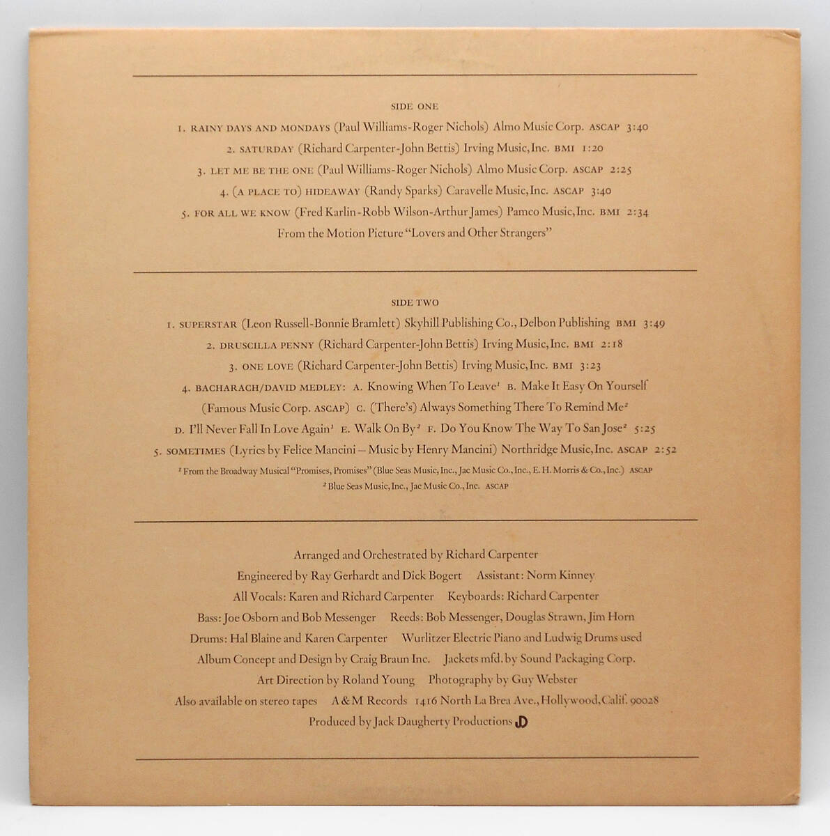★US ORIG LP★CARPENTERS/Self Title(3rd Album) 1971年 初回TANラベル ギミックカバー 『Superstar』『雨の日と月曜日は』 ROGER NICHOLS_画像2