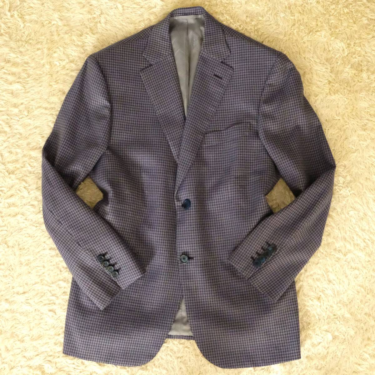 【美品 シルク混】BRIONI ブリオーニ サイズ:50(XL相当) テーラード ジャケット チェック 2B 肩パッド有 ネイビー 紺 ブルー 青_画像2