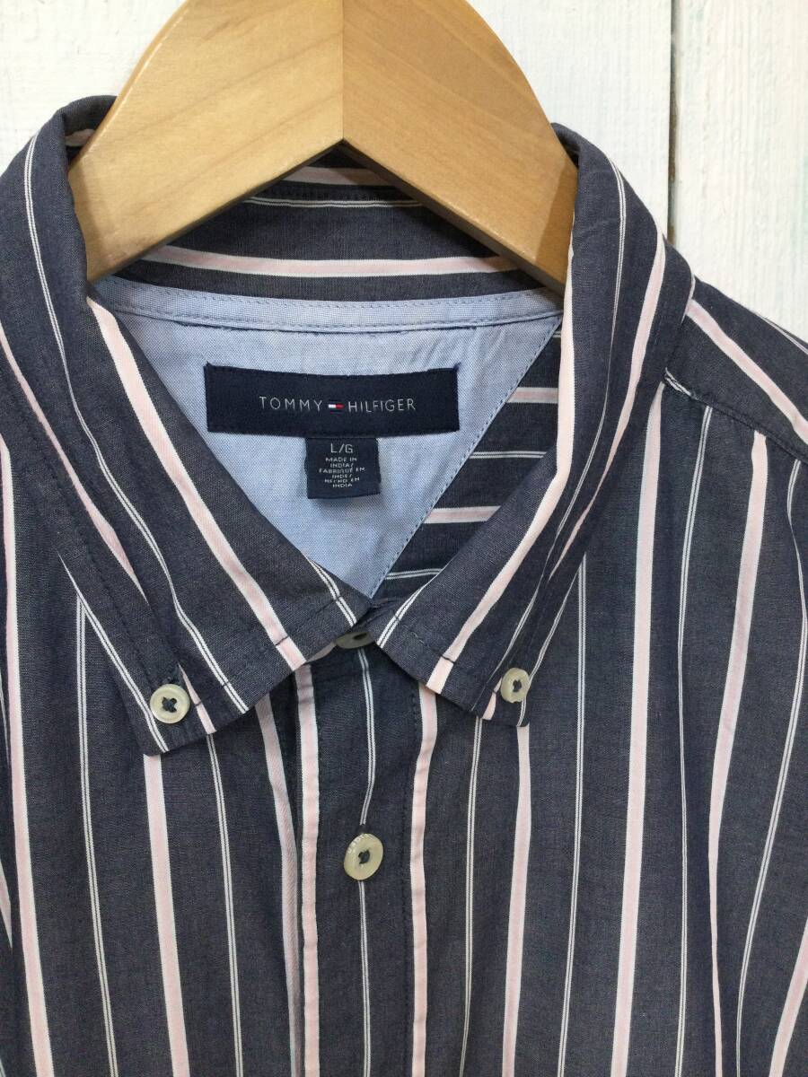 TOMMY HILFIGER トミーヒルフィガー ストライプシャツ コットン長袖シャツ 胸ロゴ メンズL 良品綺麗_画像3