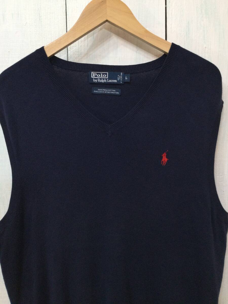 POLO RALPH LAUREN ポロ ラルフローレン コットンニット ベスト ニットベスト 胸ロゴ メンズL 良品綺麗_画像2