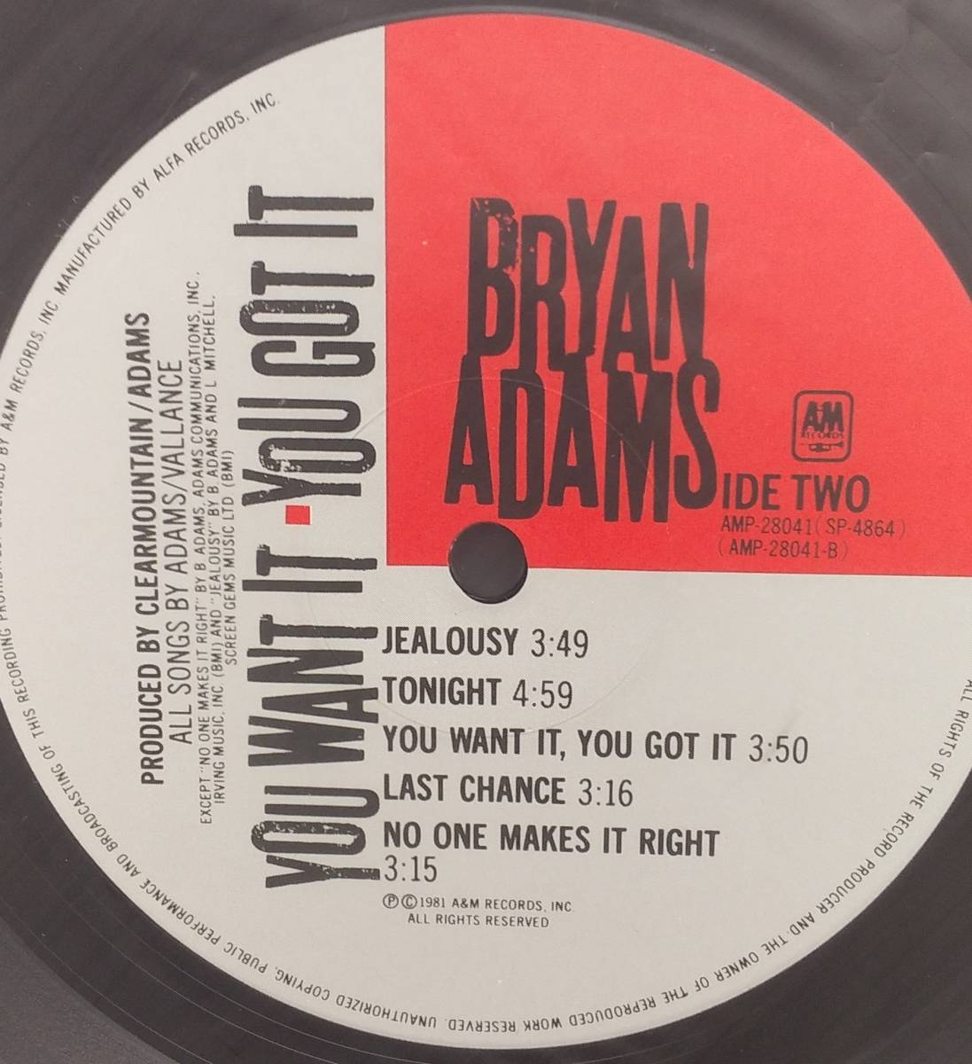 匿名・送料無料！　ブライアン・アダムス/Bryan Adams　LP　「You Want It, You Got It」