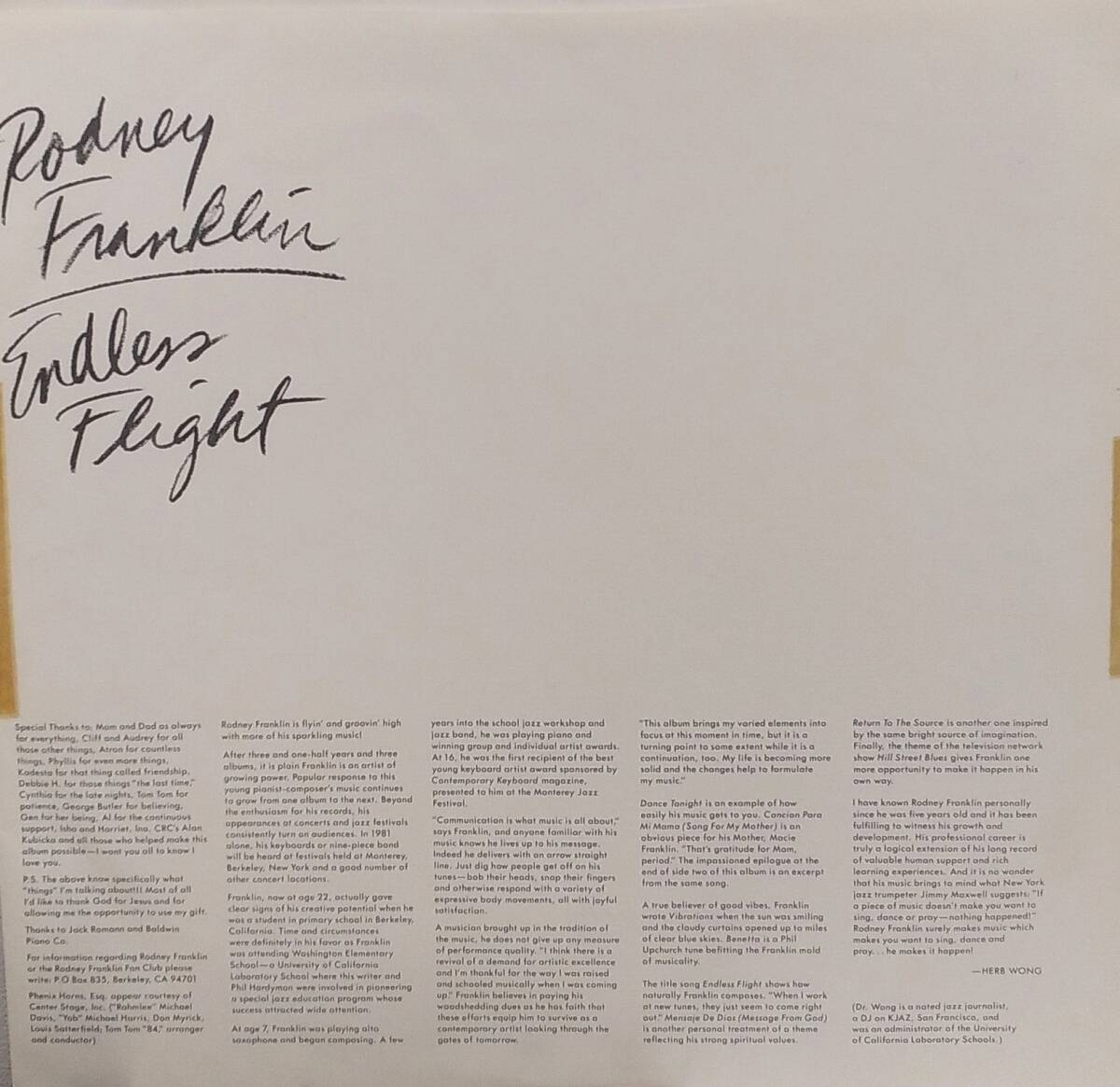 匿名・送料無料！ ロドニー・フランクリン/Rodney Franklin LP 「エンドレス・フライト/Endless Flight」の画像3