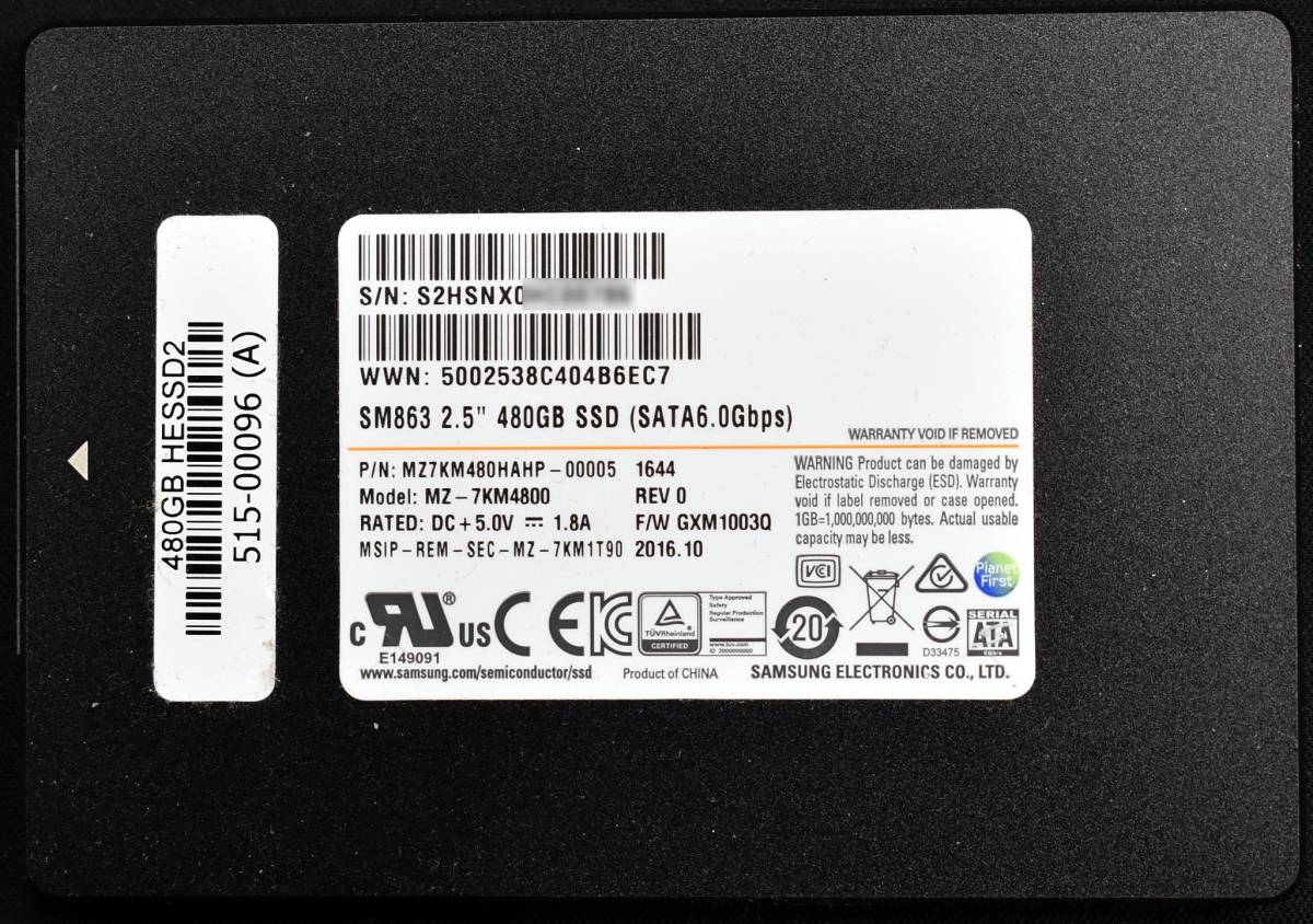 1円スタート SAMSUNG MZ7KM480HAHP-00005 (SM863 MZ-7KM4800) 480GB SATA MLC 2.5' 7mm (Read:1053038G Write:318971G) (54716H) (管:SP06_画像1