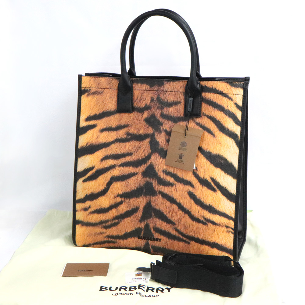 [ Nagoya ] Burberry Tiger print 2Way tote bag 80508741 PU leather handbag men's 