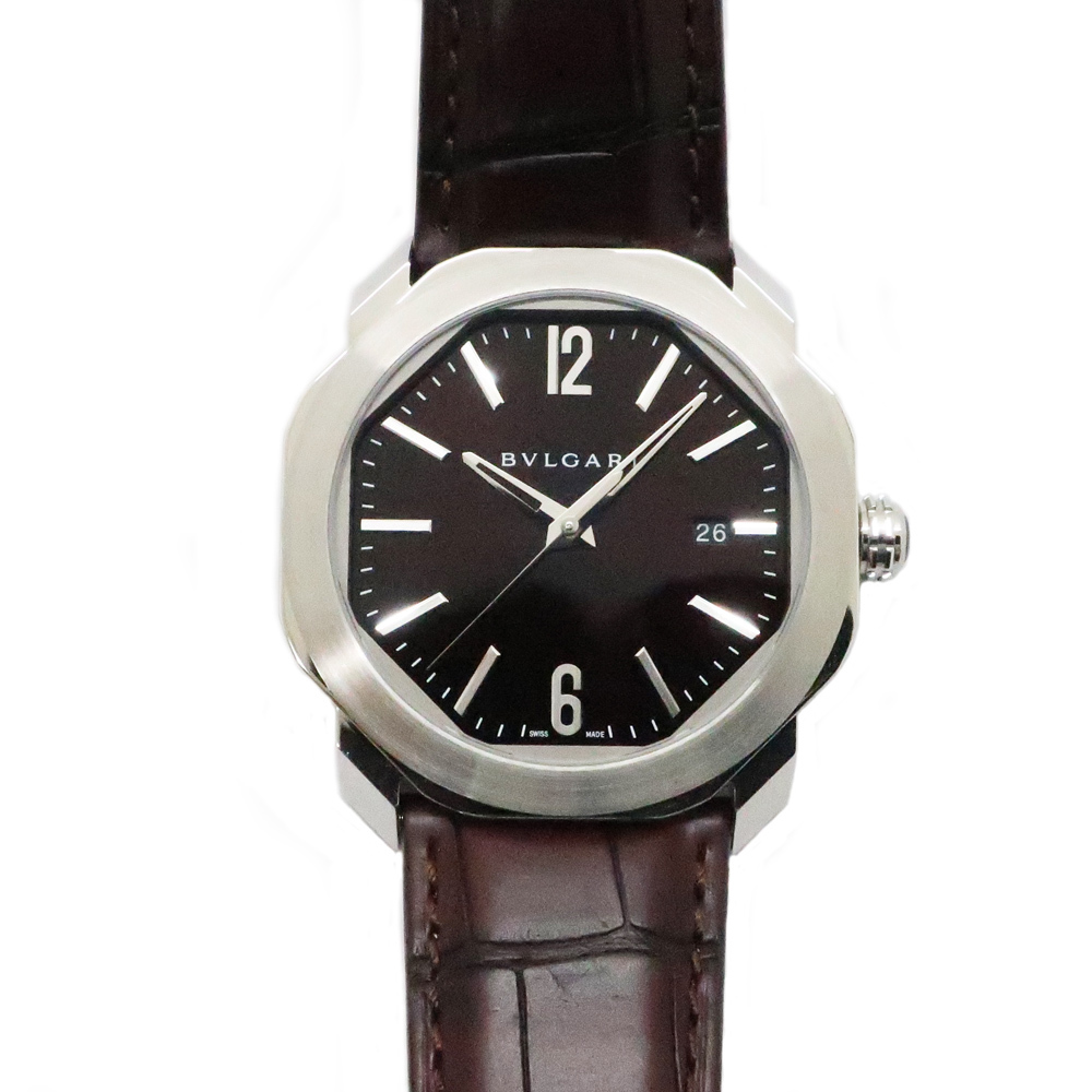 【天白】ブルガリ オクト ローマ OC41C1SLD 102705 ブラウン SS レザー 自動巻 腕時計