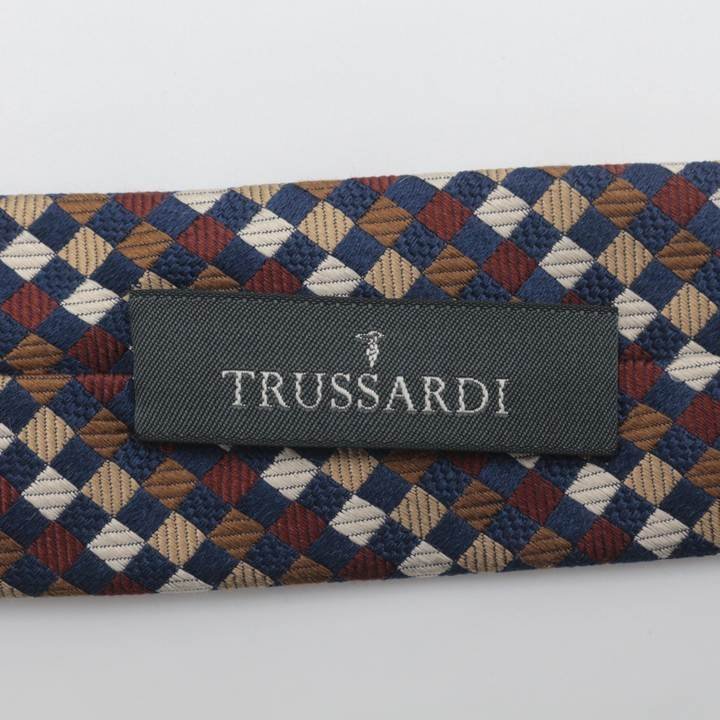 [ хорошая вещь ] Trussardi TRUSSARDI в клетку шелк Италия производства .. рисунок мужской галстук темно-синий 