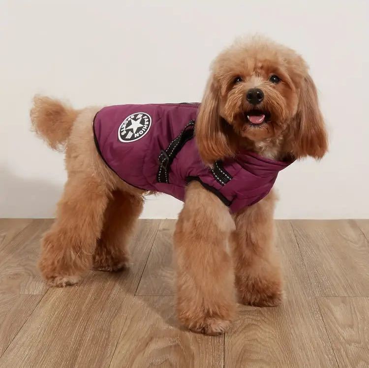 ★犬用 服 ベスト ジャケット ハーネス付き 背中開き 背開き 裏起毛 小型犬 中型犬 紫 パープル 新品 未使用 Mサイズ_画像5