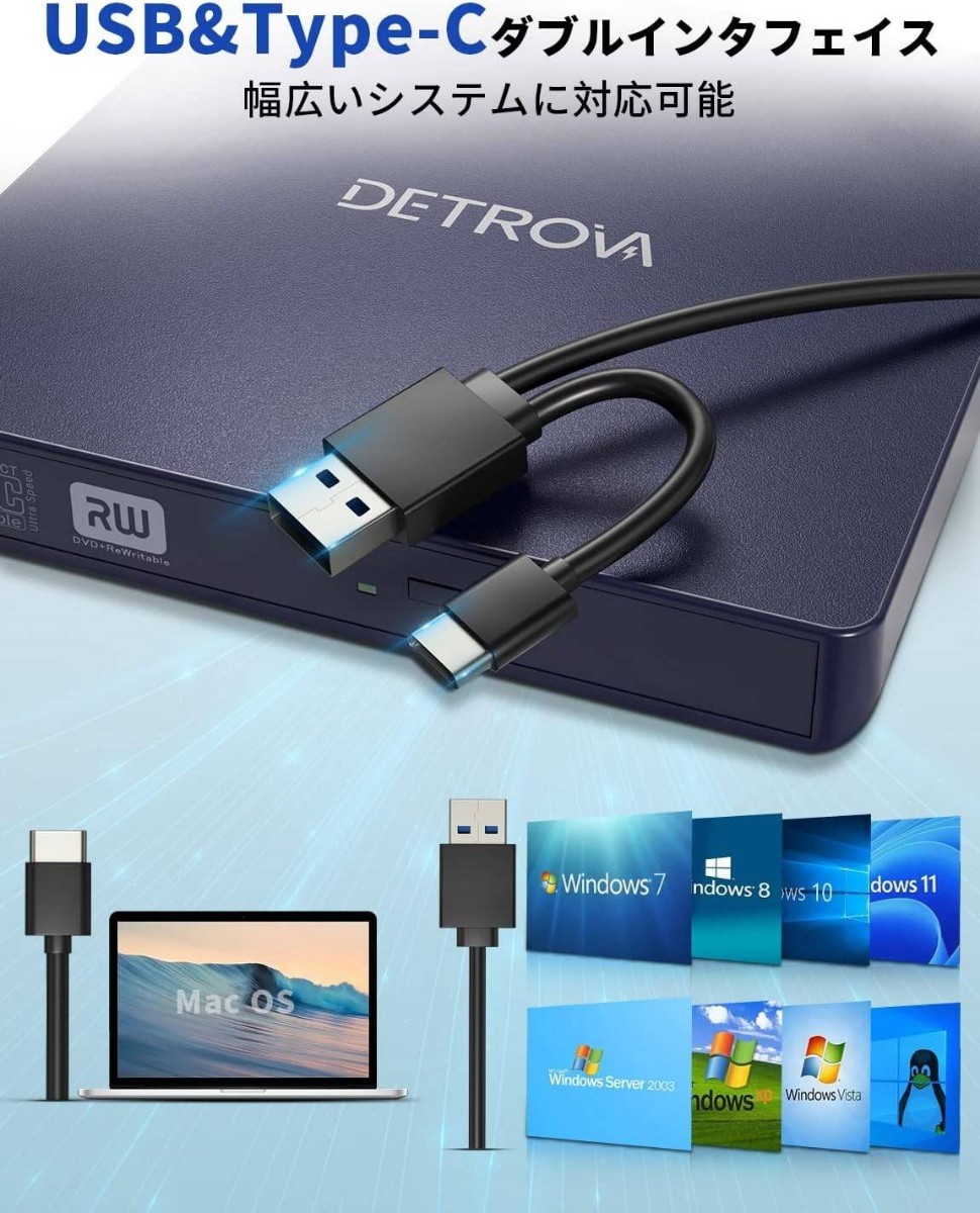 DETROVA 外付けDVD/CDドライブ DVDレコ CD/DVD-Rプレイヤー USB3.0&Type-C両用ケーブル_画像5