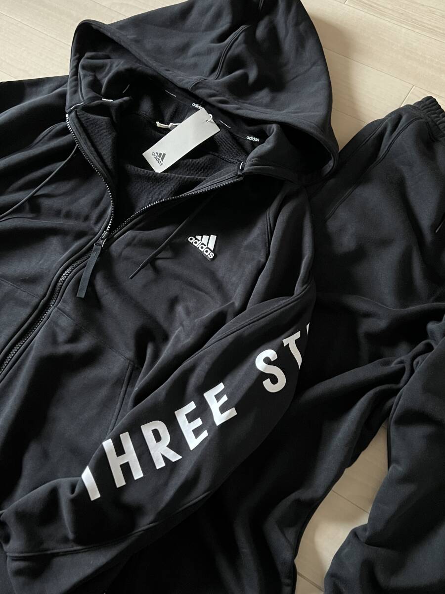 adidas■アディダス〔XL〕THREE STRIPES 上下 セット パーカー スウェットパンツ 黒 ブラック 白 フレンチテリー〔裏パイル織〕 24'春_画像3