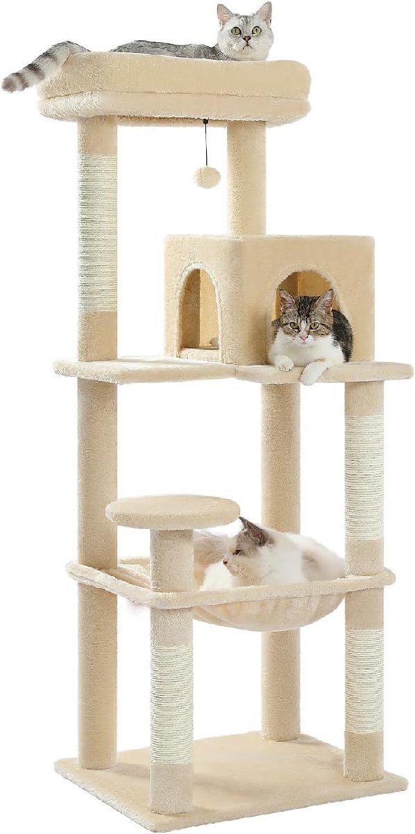 RS837/PETEPELA(ぺテぺラ) キャットタワー 猫タワー スリム 大型猫 据え置き 登りやすい ハンモック 見晴台 ねこハウス ベージュ 高さ143cm_画像1
