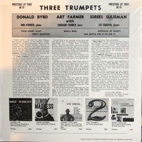 美盤 Art Farmer / Donald Byrd / Idrees Sulieman - Three Trumpets / PRLP 7092 / US / Soul-Jazz / Mono_画像2