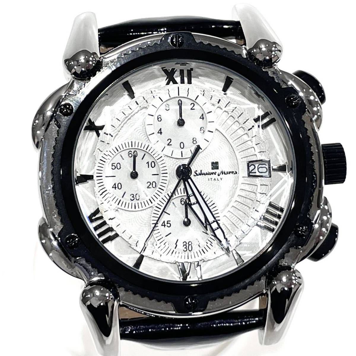 美品 SALVATORE MARRA サルバトーレマーラクロノグラフ メンズ 腕時計 SM12111 カットガラス 白文字盤 レザーベルト クォーツ 送料無料_画像1