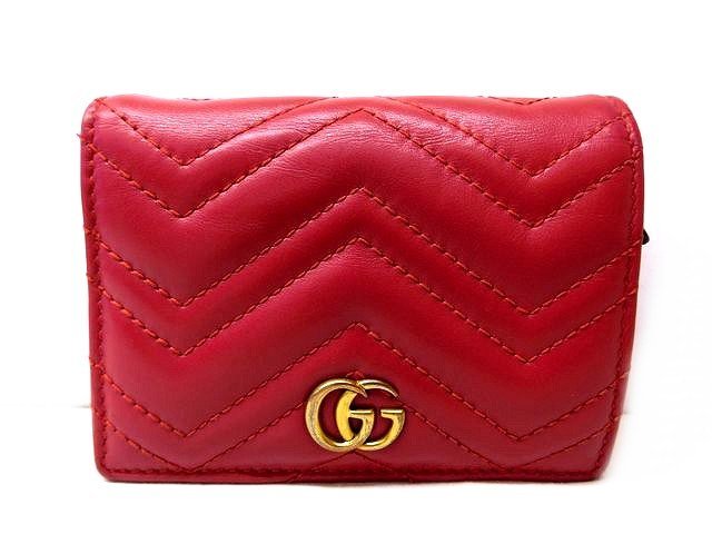 グッチ ■ 466492 レディース GGマーモント 2つ折り レザー コンパクトウォレット／財布 レッド 赤 GUCCI □6B マ1000